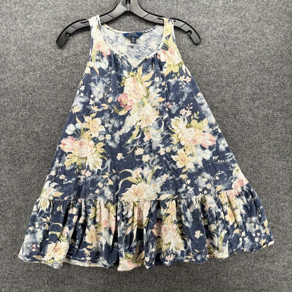 Polo Ralph Lauren Dress Girls M Floral Watercolor Sleeveless Ruffle Hem Casual